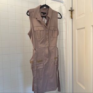 Sharagano NWT 14 Chic Sleeveless Tan Dress with Gold Accents